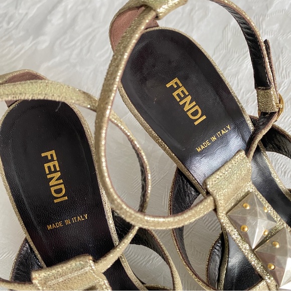 Fendi Gold Iridescent Leather Silver Studded Ankle Strap Sandals - Picture 4 of 9